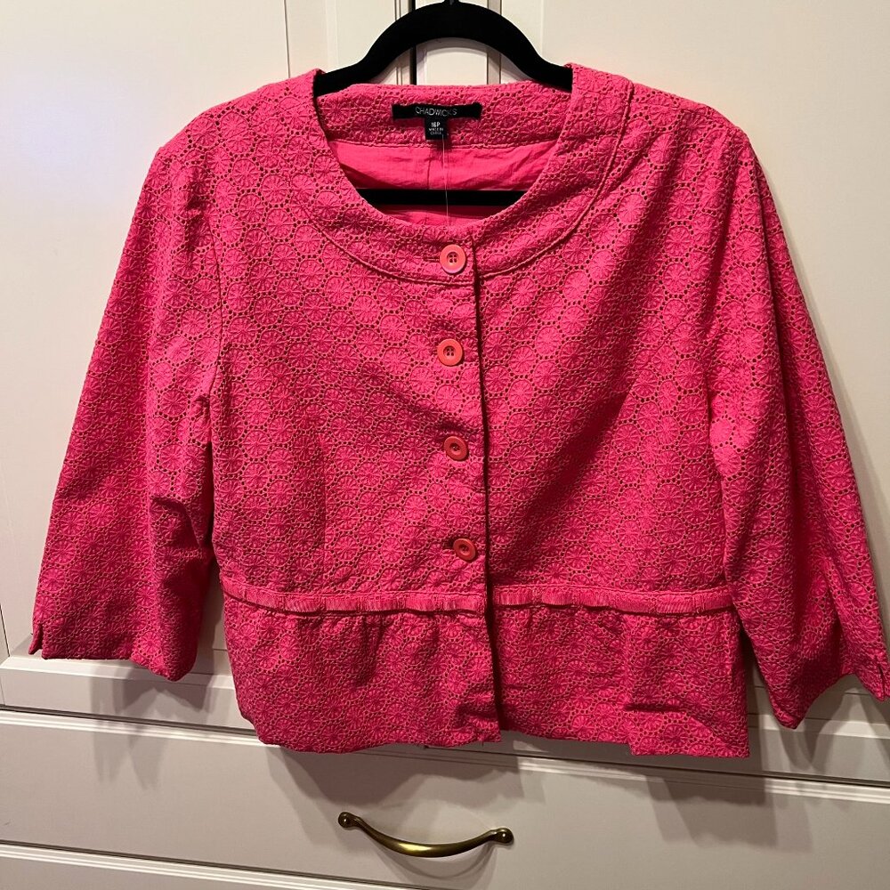 CHADWICK’S Hot Pink Button-Up Peplum ¾ Length Sleeve‎ Hip-Length Jacket (16P)